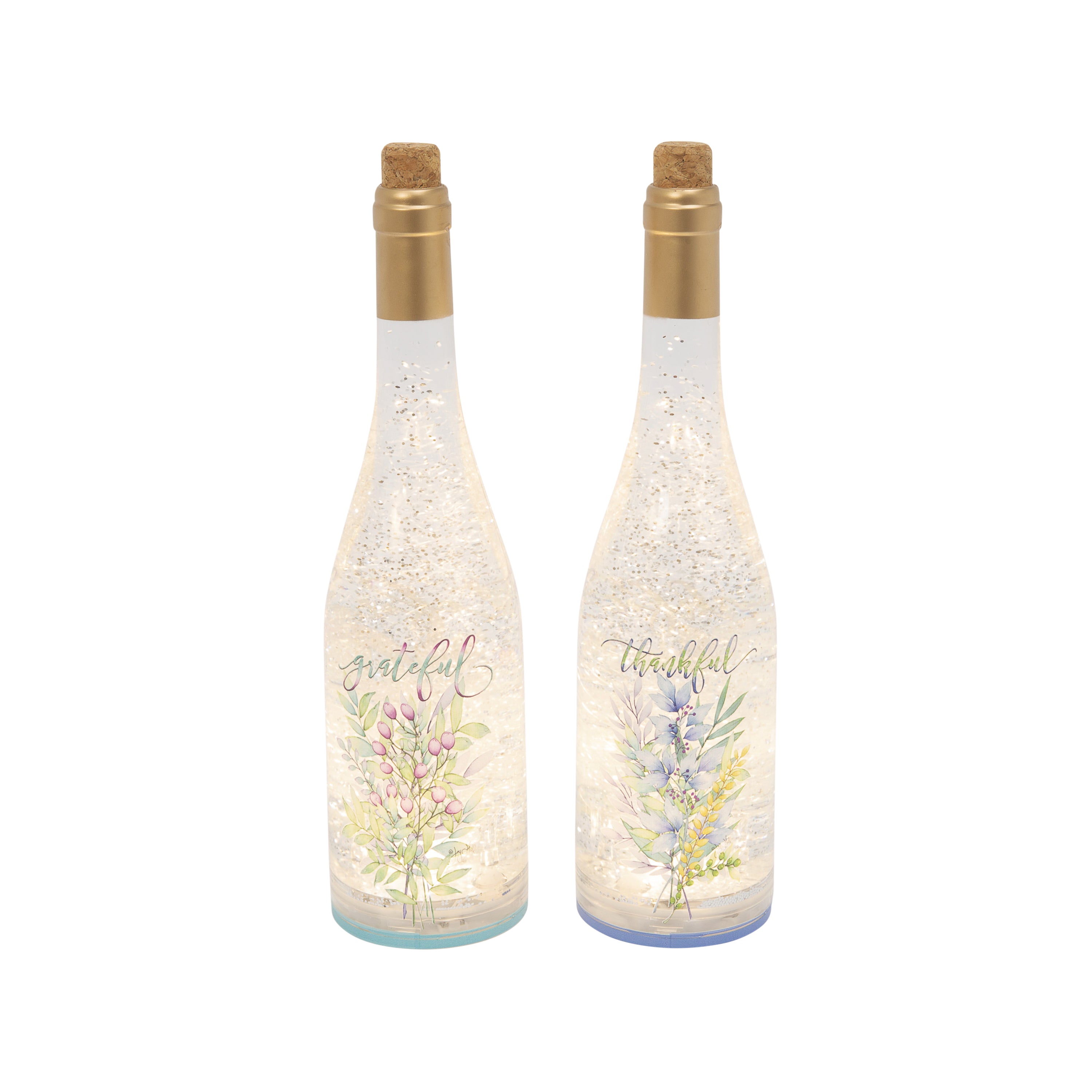 12.5 Inch Lighted Spinning Water Globe Bottles with Gathered Greens Design and Timer Set of 2